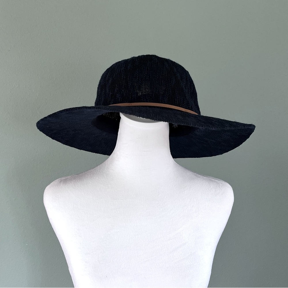 MARCUS ADLER | Navy Boucle Packable Floppy Sun Hat Leather Braided Trim